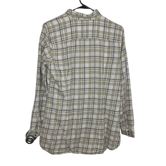 Eddie Bauer Plaid Ruffle Blouse Size L - Green Gray Cotton Roll Tab Sleeves - Picture 3 of 9